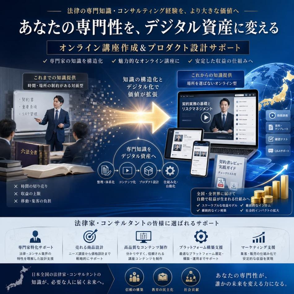 あなたの専門知識を資産に変える！オンライン講座化・商品設計支援