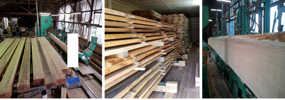 当社の木材加工場及び加工後の木材です